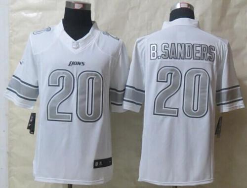 Nike Lions #20 Barry Sanders White Stitched NFL Limited Platinum Jersey