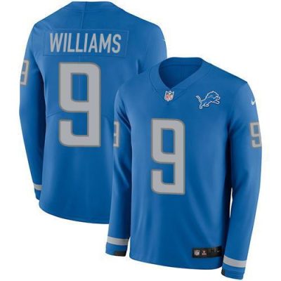 Nike Lions #9 Jameson Williams Blue Team Color Stitched NFL Limited Therma Long Sleeve Jersey
