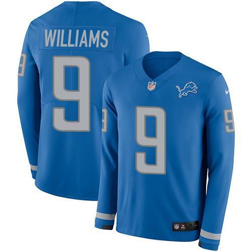 Nike Lions #9 Jameson Williams Blue Team Color Stitched NFL Limited Therma Long Sleeve Jersey