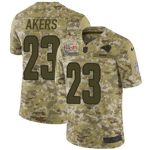 Nike Los Angeles Rams #23 Cam Akers Camo Super Bowl LVI Patch Stitched NFL Limited 2018 Salute To Service Jersey