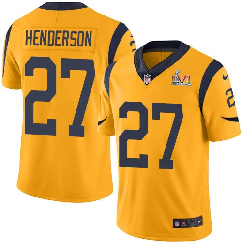 Nike Los Angeles Rams #27 Darrell Henderson Gold Super Bowl LVI Patch Stitched NFL Limited Rush Jersey