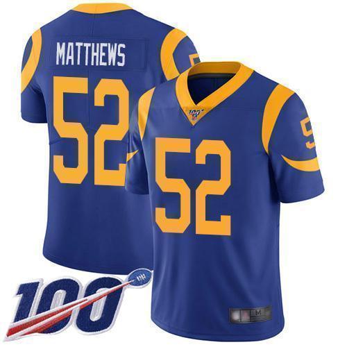 Nike Los Angeles Rams #52 Clay Matthews Royal Blue Alternate Stitched NFL 100th Season Vapor Limited Jersey