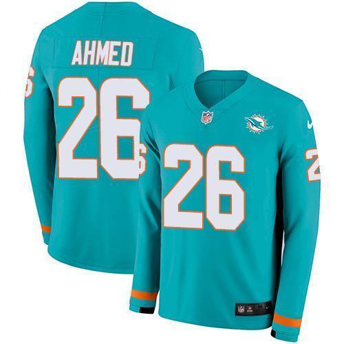 Nike Miami Dolphins #26 Salvon Ahmed Aqua Green Team Color Stitched NFL Limited Therma Long Sleeve Jersey