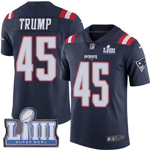 Nike New England Patriots #45 Donald Trump Navy Blue Super Bowl LIII Bound Stitched NFL Limited Rush Jersey