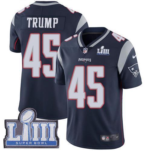 Nike New England Patriots #45 Donald Trump Navy Blue Team Color Super Bowl LIII Bound Stitched NFL Vapor Untouchable Limited Jersey