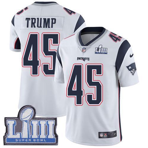 Nike New England Patriots #45 Donald Trump White Super Bowl LIII Bound Stitched NFL Vapor Untouchable Limited Jersey