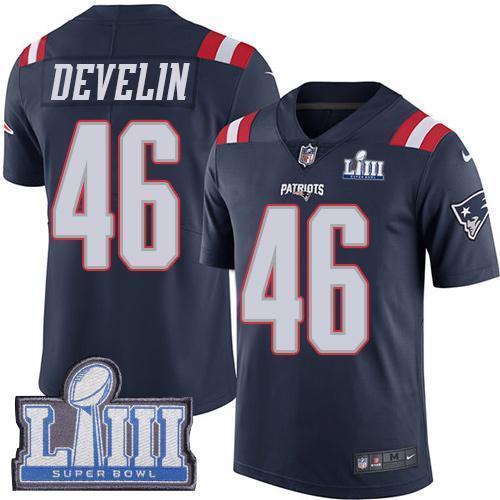 Nike New England Patriots #46 James Develin Navy Blue Super Bowl LIII Bound Stitched NFL Limited Rush Jersey