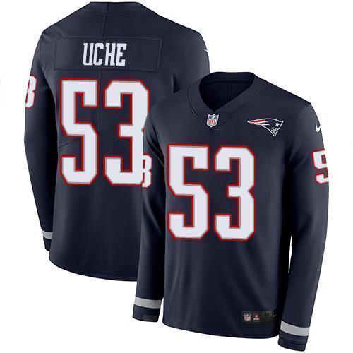 Nike New England Patriots #53 Josh Uche Navy Blue Team Color Stitched NFL Limited Therma Long Sleeve Jersey