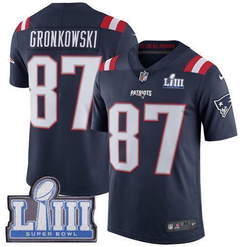 Nike New England Patriots #87 Rob Gronkowski Navy Blue Super Bowl LIII Bound Stitched NFL Limited Rush Jersey