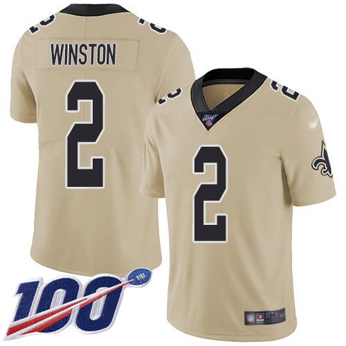 Nike New Orleans Saints #2 Jameis Winston Gold Stitched NFL Limited Inverted Legend 100th Season Jersey