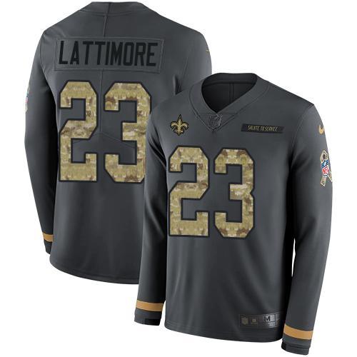 Nike New Orleans Saints #23 Marshon Lattimore Anthracite Salute to Service Stitched NFL Limited Therma Long Sleeve Jersey