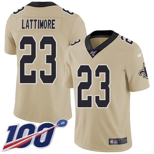 Nike New Orleans Saints #23 Marshon Lattimore Gold Stitched NFL Limited Inverted Legend 100th Season Jersey