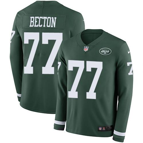 Nike New York Jets #77 Mekhi Becton Green Team Color Stitched NFL Limited Therma Long Sleeve Jersey