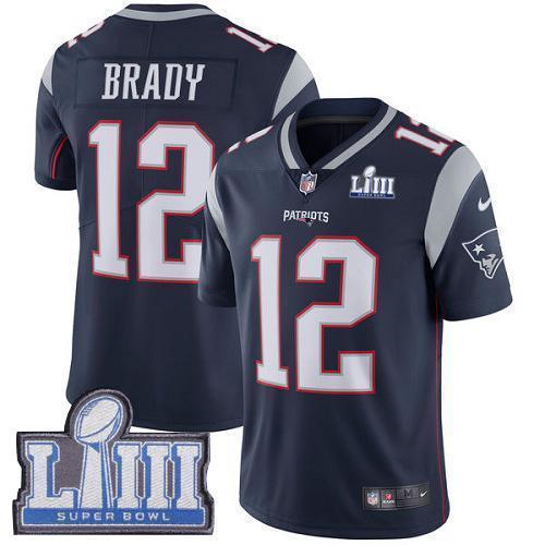 Nike Patriots #12 Tom Brady Navy Blue Team Color Super Bowl LIII Bound Stitched NFL Vapor Untouchable Limited Jersey