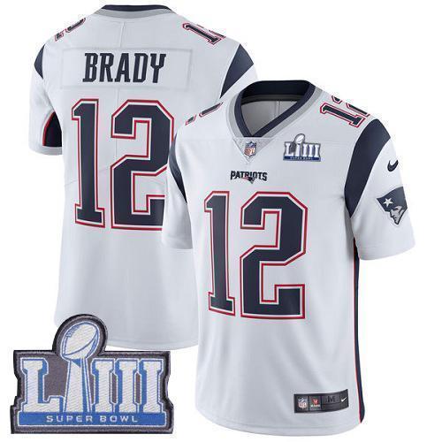 Nike Patriots #12 Tom Brady White Super Bowl LIII Bound Stitched NFL Vapor Untouchable Limited Jersey