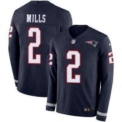 Nike Patriots #2 Jalen Mills Navy Blue Team Color Stitched NFL Limited Therma Long Sleeve Jersey