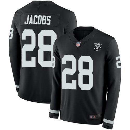 Nike Raiders #28 Josh Jacobs Black Team Color Stitched NFL Limited Therma Long Sleeve Jersey