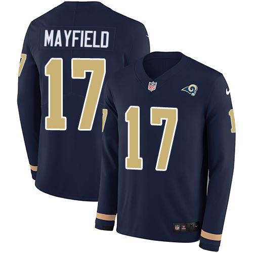 Nike Rams #17 Baker Mayfield Navy Blue Team Color Stitched NFL Limited Therma Long Sleeve Jersey