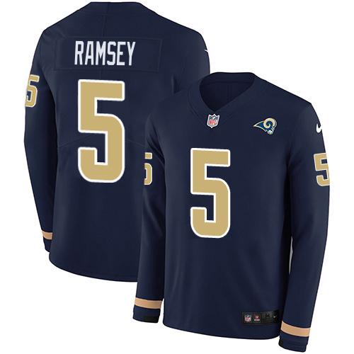 Nike Rams #5 Jalen Ramsey Navy Blue Team Color Stitched NFL Limited Therma Long Sleeve Jersey