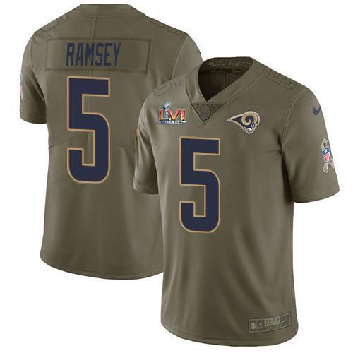 Nike Rams #5 Jalen Ramsey Olive Super Bowl LVI Patch Stitched NFL Limited 2017 Salute To Service Jersey