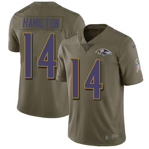 Nike Ravens #14 Kyle Hamilton Olive Stitched NFL Limited 2017 Salute To Service Jersey