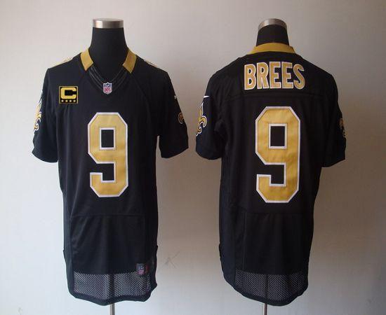 Nike Saints #9 Drew Brees Black Team Color With C Patch Stitched NFL Elite Jersey