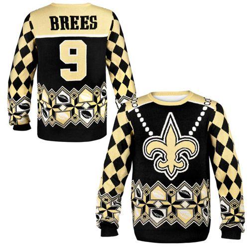 Nike Saints #9 Drew Brees Black/Gold Ugly Sweater