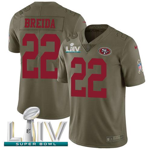 Nike San Francisco 49ers #22 Matt Breida Olive Super Bowl LIV 2020 Stitched NFL Limited 2017 Salute To Service Jersey