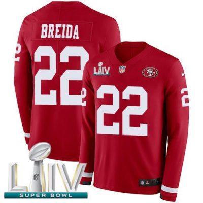 Nike San Francisco 49ers #22 Matt Breida Red Super Bowl LIV 2020 Team Color Stitched NFL Limited Therma Long Sleeve Jersey