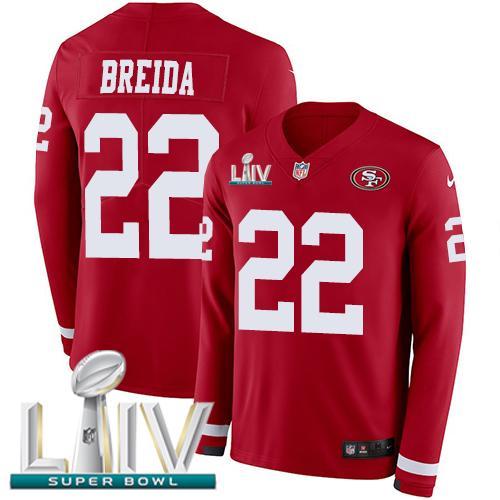 Nike San Francisco 49ers #22 Matt Breida Red Super Bowl LIV 2020 Team Color Stitched NFL Limited Therma Long Sleeve Jersey
