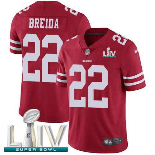 Nike San Francisco 49ers #22 Matt Breida Red Super Bowl LIV 2020 Team Color Stitched NFL Vapor Untouchable Limited Jersey