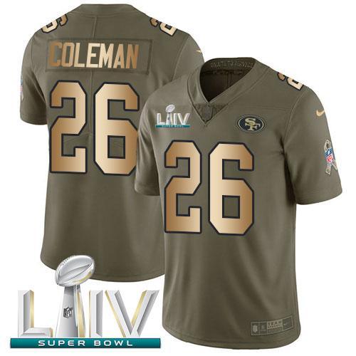 Nike San Francisco 49ers #26 Tevin Coleman Olive/Gold Super Bowl LIV 2020 Stitched NFL Limited 2017 Salute To Service Jersey