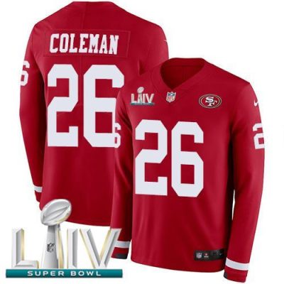 Nike San Francisco 49ers #26 Tevin Coleman Red Super Bowl LIV 2020 Team Color Stitched NFL Limited Therma Long Sleeve Jersey