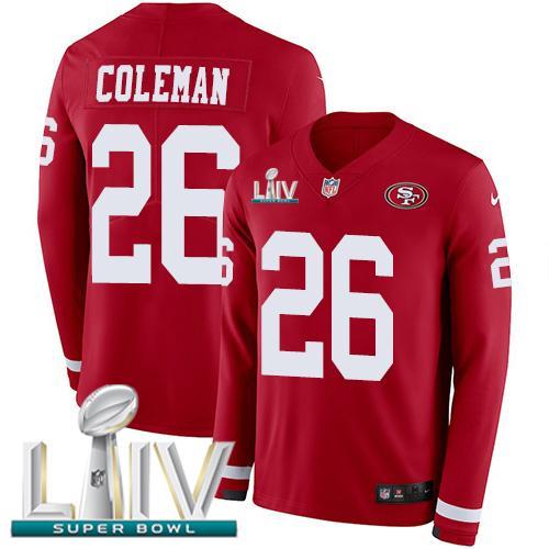 Nike San Francisco 49ers #26 Tevin Coleman Red Super Bowl LIV 2020 Team Color Stitched NFL Limited Therma Long Sleeve Jersey