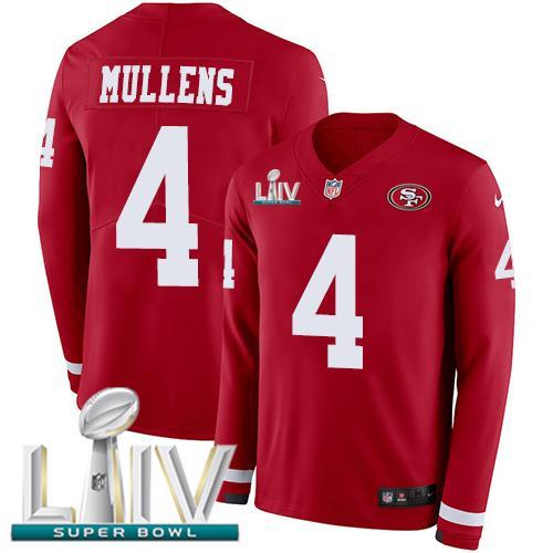 Nike San Francisco 49ers #4 Nick Mullens Red Super Bowl LIV 2020 Team Color Stitched NFL Limited Therma Long Sleeve Jersey