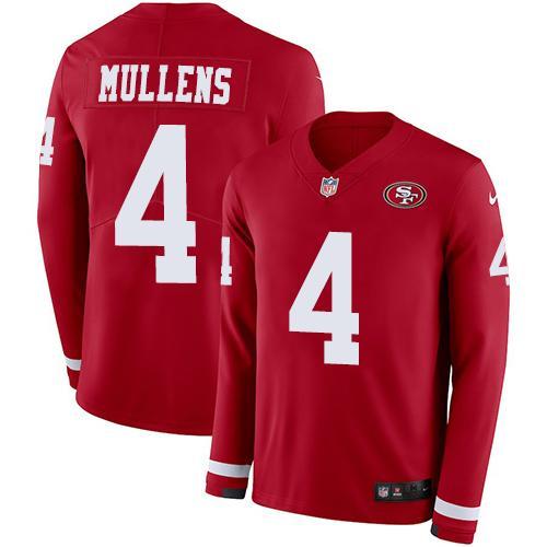 Nike San Francisco 49ers #4 Nick Mullens Red Team Color Stitched NFL Limited Therma Long Sleeve Jersey