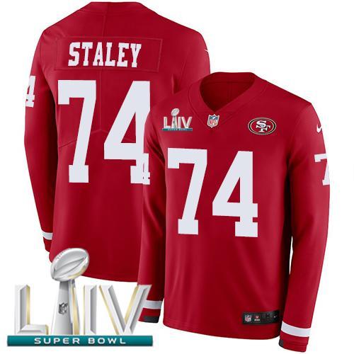 Nike San Francisco 49ers #74 Joe Staley Red Super Bowl LIV 2020 Team Color Stitched NFL Limited Therma Long Sleeve Jersey