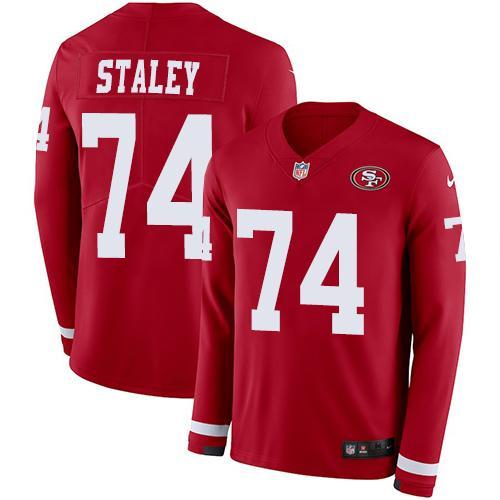 Nike San Francisco 49ers #74 Joe Staley Red Team Color Stitched NFL Limited Therma Long Sleeve Jersey