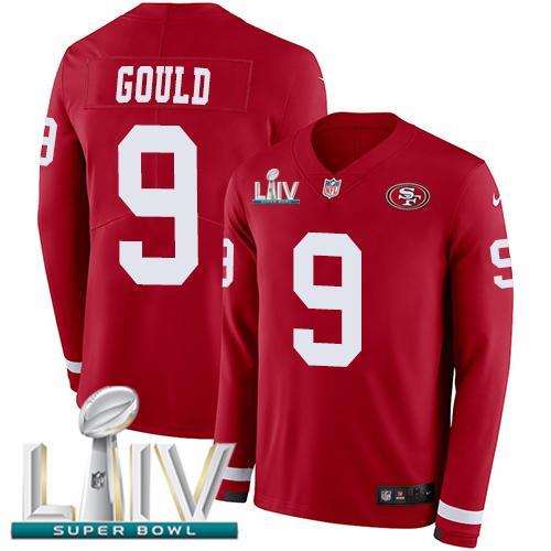 Nike San Francisco 49ers #9 Robbie Gould Red Super Bowl LIV 2020 Team Color Stitched NFL Limited Therma Long Sleeve Jersey