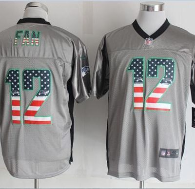 Nike Seahawks #12 Fan Grey Stitched NFL Elite USA Flag Fashion Jersey