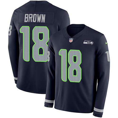 Nike Seattle Seahawks #18 Jaron Brown Steel Blue Team Color Stitched NFL Limited Therma Long Sleeve Jersey