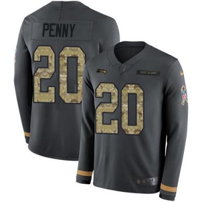 Nike Seattle Seahawks #20 Rashaad Penny Anthracite Salute to Service Stitched NFL Limited Therma Long Sleeve Jersey