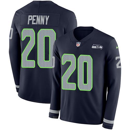 Nike Seattle Seahawks #20 Rashaad Penny Steel Blue Team Color Stitched NFL Limited Therma Long Sleeve Jersey