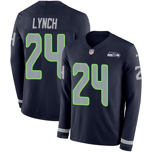 Nike Seattle Seahawks #24 Marshawn Lynch Steel Blue Team Color Stitched NFL Limited Therma Long Sleeve Jersey