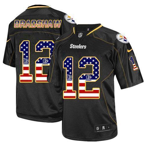Nike Steelers #12 Terry Bradshaw Black Stitched NFL Elite USA Flag Fashion Jersey