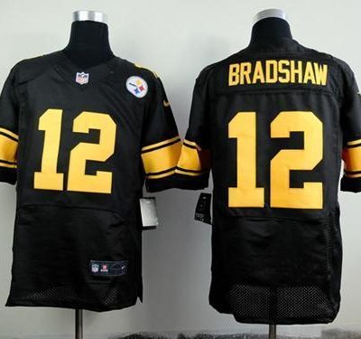 Nike Steelers #12 Terry Bradshaw Black(Gold No.) Stitched NFL Elite Jersey