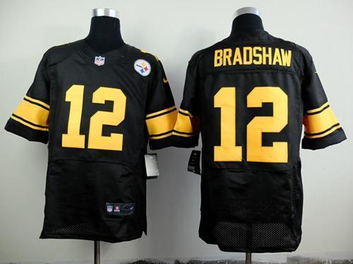 Nike Steelers #12 Terry Bradshaw Black(Gold No.) Stitched NFL Elite Jersey