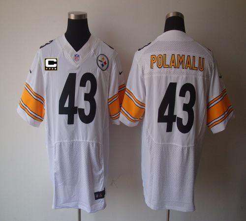 Nike Steelers #43 Troy Polamalu White With C Patch Stitched NFL Elite Jersey