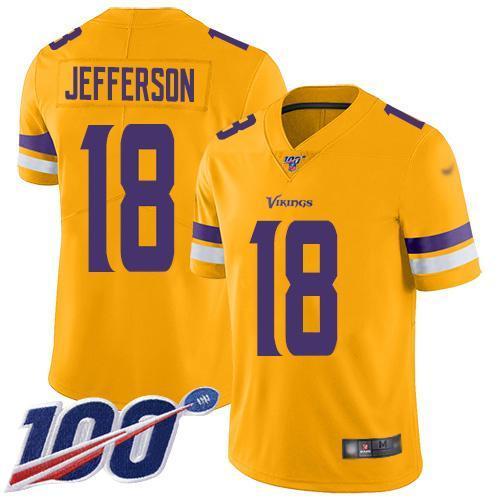 Nike Vikings #18 Justin Jefferson Gold Stitched NFL Limited Inverted Legend 100th Season Jersey