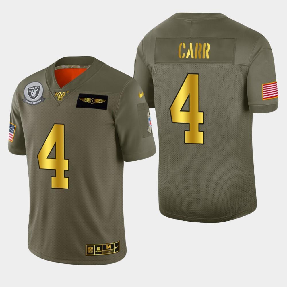 Raiders #4 Derek Carr Nike Olive Gold 2019 Salute To Service Limited NFL 100 Jersey